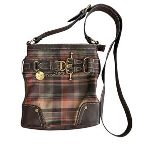 Chaps Brown Plaid Crossbody Bag Brass Buckle Chain Detail Purse